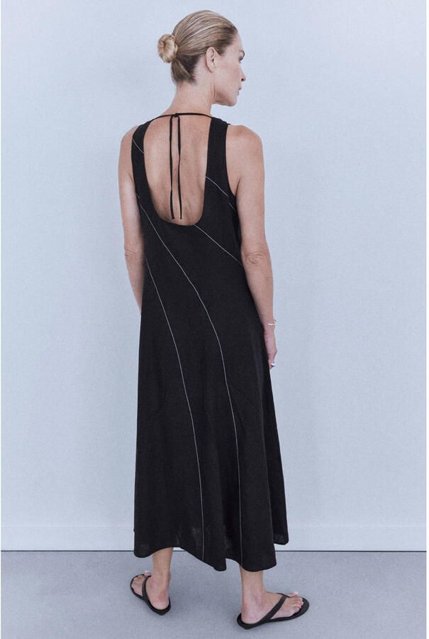 Mango midi zomerjurk met open rug en linnen zwart - Foto 2