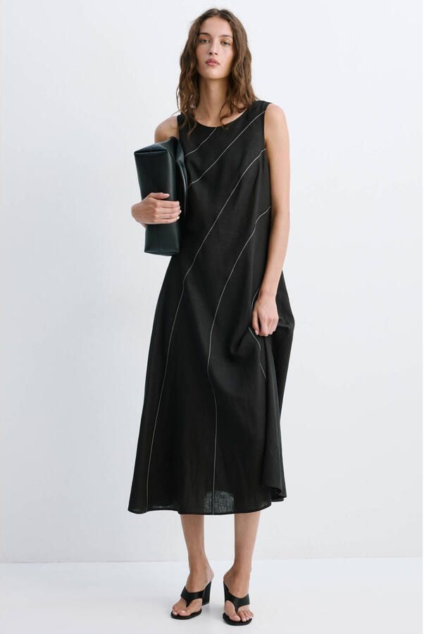 Mango midi zomerjurk met open rug en linnen zwart - Foto 3