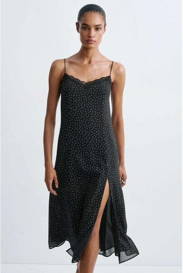 Mango midi zomerjurk met split en stippen zwart