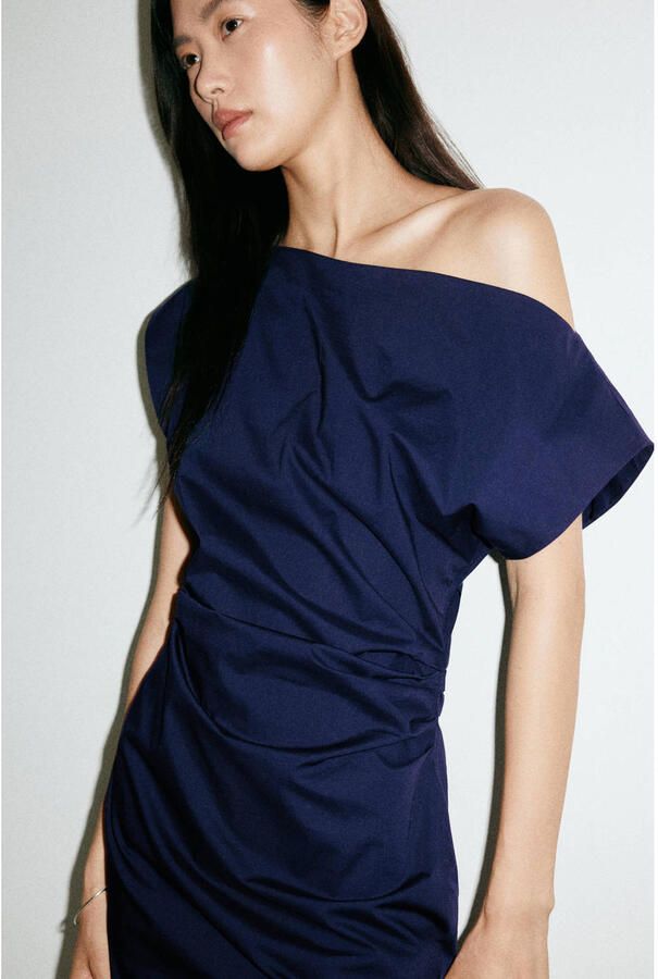 Mango off shoulder midi jurk donkerblauw