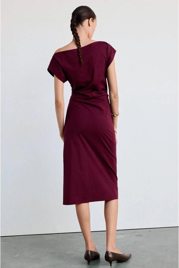 Mango off shoulder midi jurk donkerrood - Foto 3