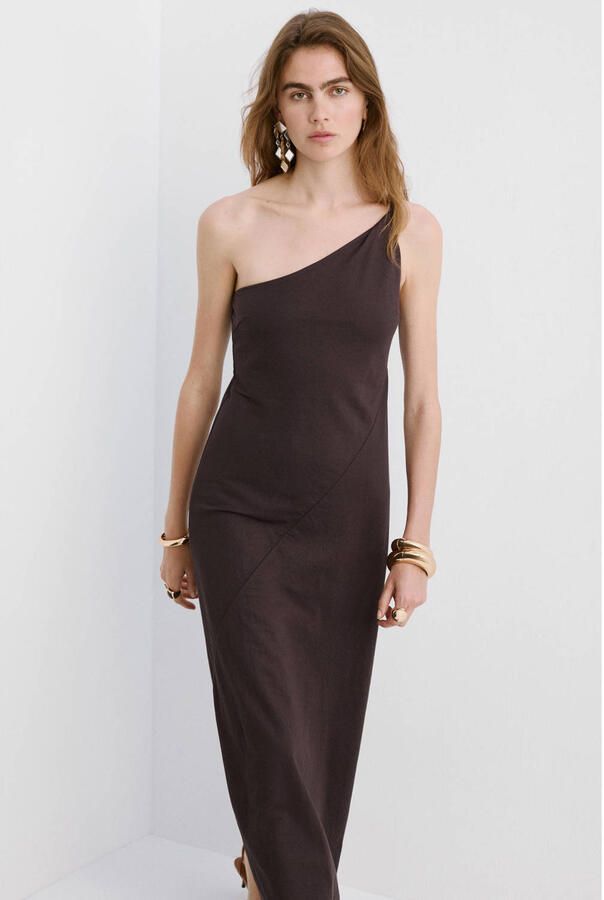 Mango one shoulder jurk bruin - Foto 2