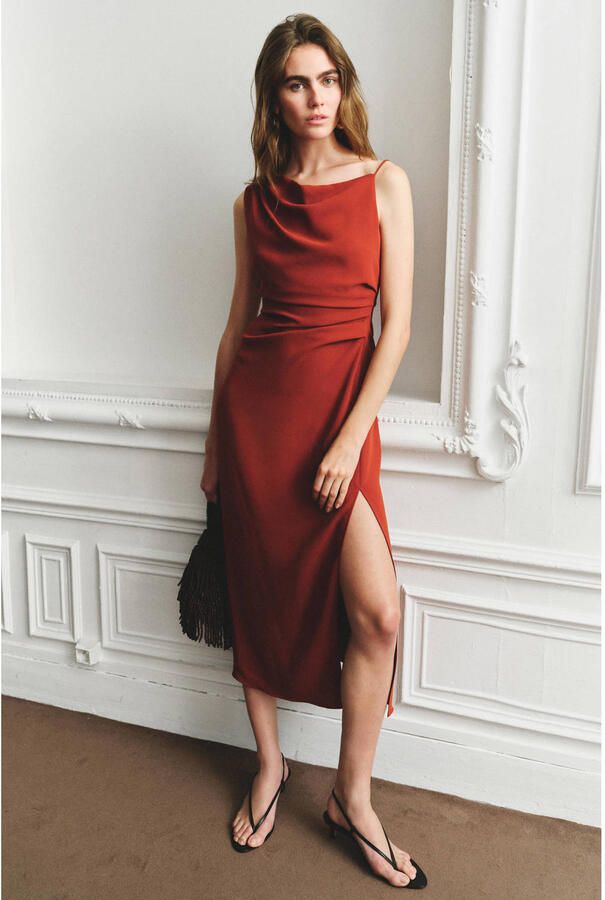 Mango one shoulder jurk roodbruin