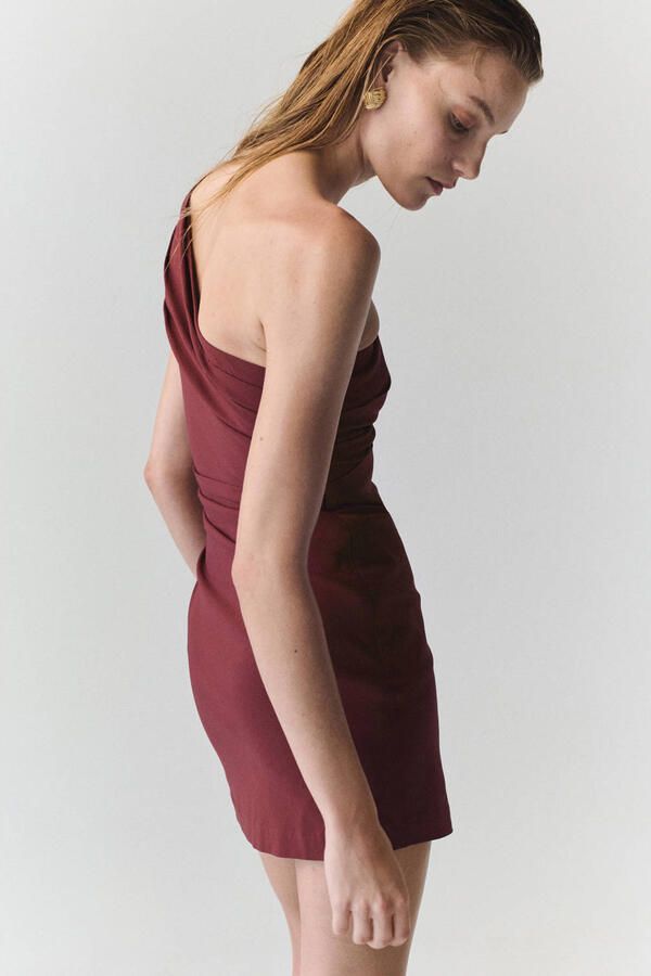 Mango one shoulder korte zomerjurk donkerrood - Foto 2