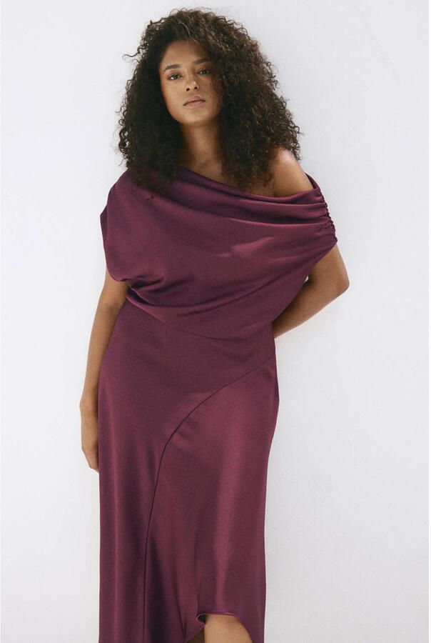 Mango one shoulder midi jurk donkerpaars