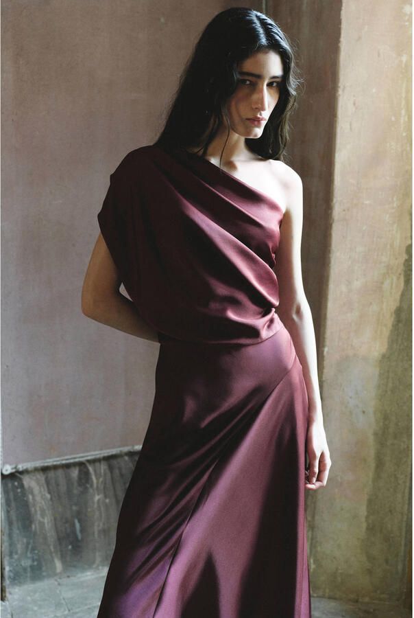 Mango one shoulder midi jurk donkerpaars - Foto 3