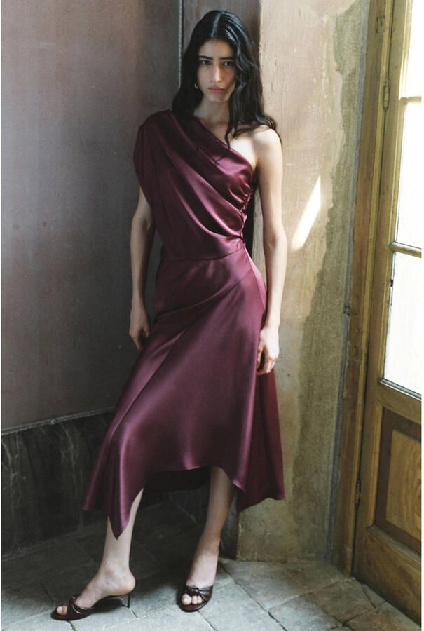Mango one shoulder midi jurk donkerpaars - Foto 2