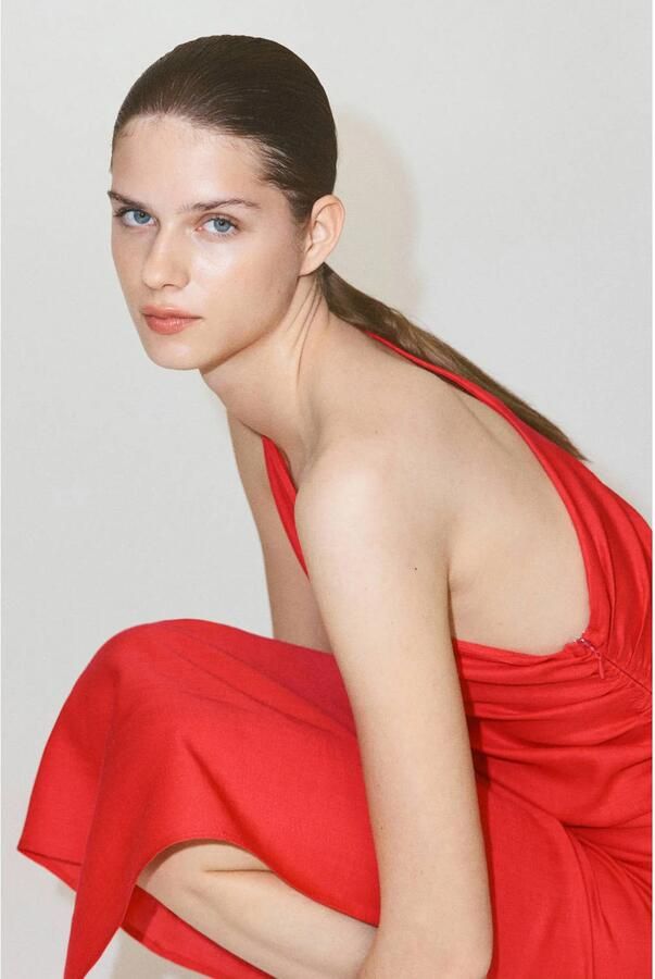 Mango one shoulder midi jurk met linnen rood