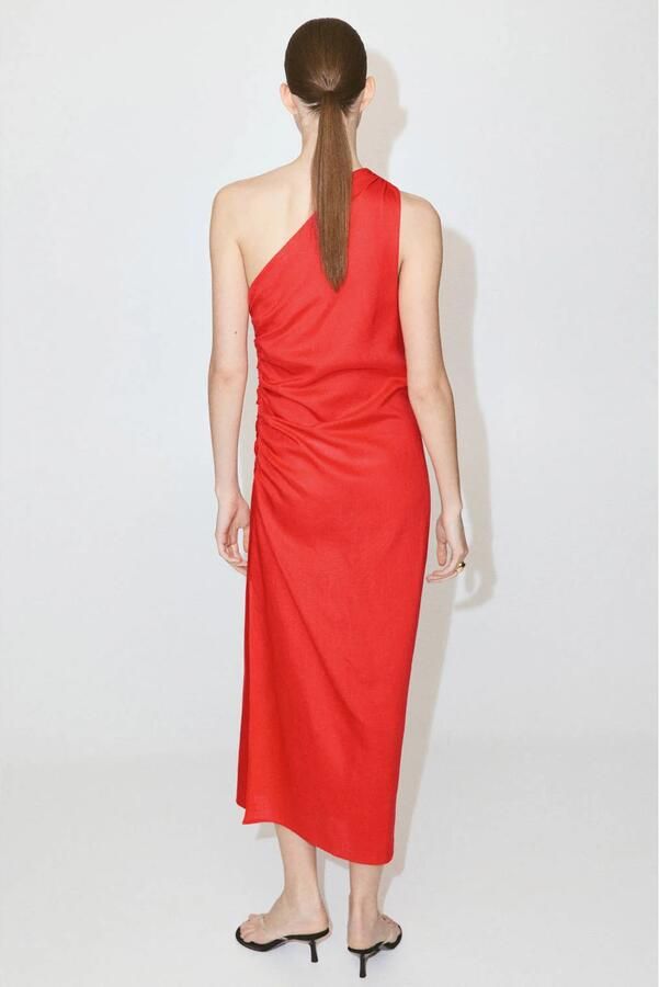 Mango one shoulder midi jurk met linnen rood - Foto 2