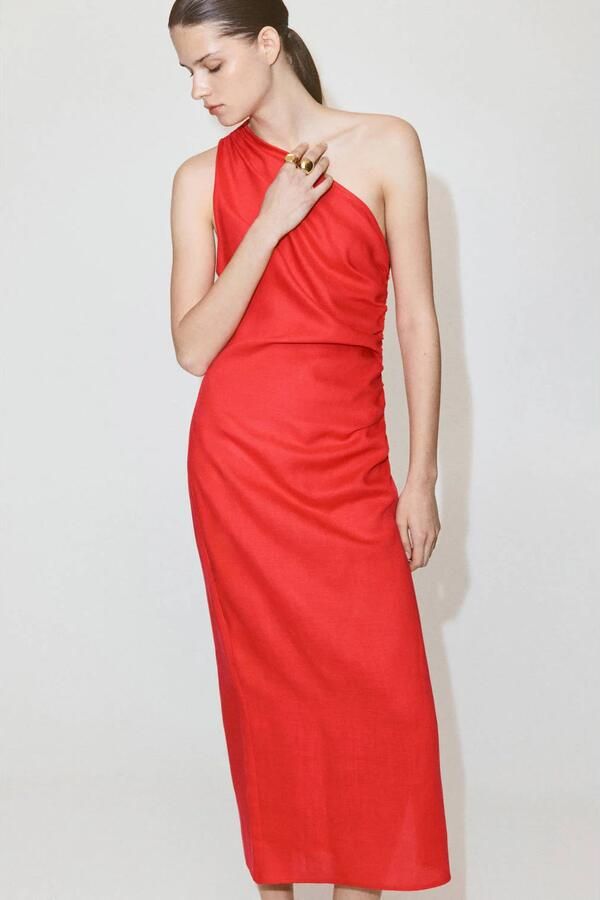 Mango one shoulder midi jurk met linnen rood - Foto 3