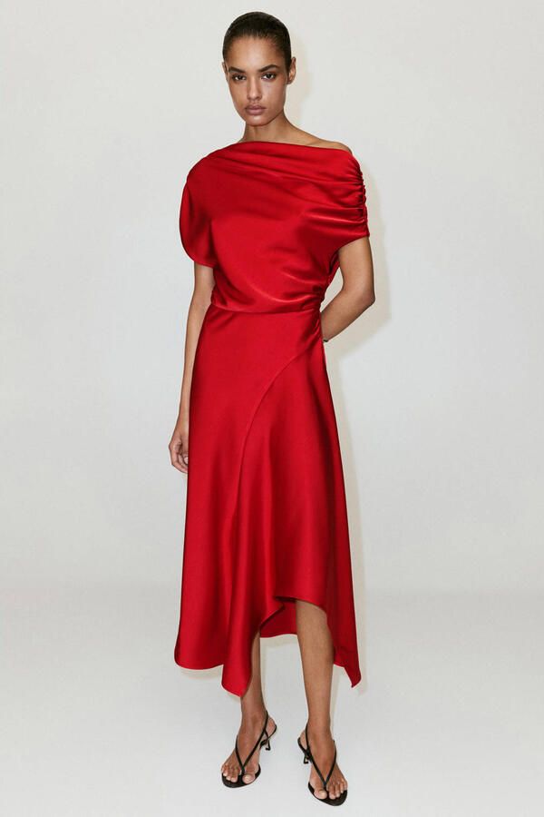 Mango one shoulder midi jurk rood - Foto 2