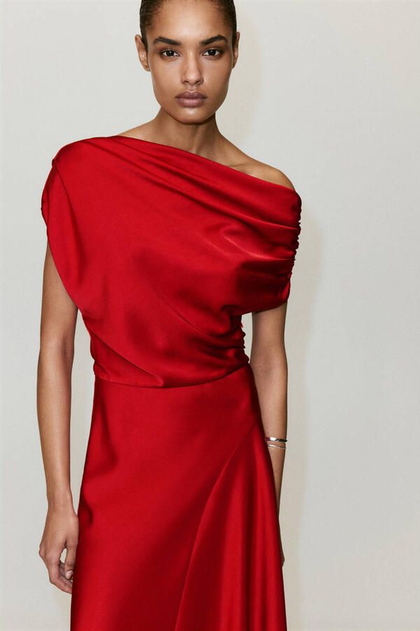 Mango one shoulder midi jurk rood - Foto 3