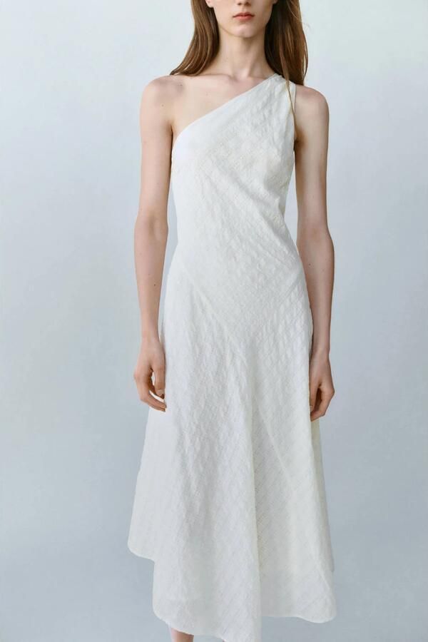 Mango one shoulder midi zomerjurk ecru