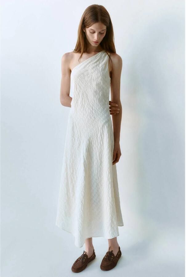 Mango one shoulder midi zomerjurk ecru - Foto 3