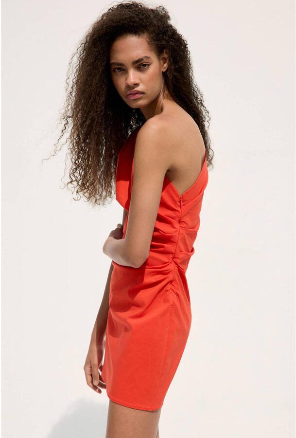 Mango one shoulder viscose jurk oranje - Foto 2