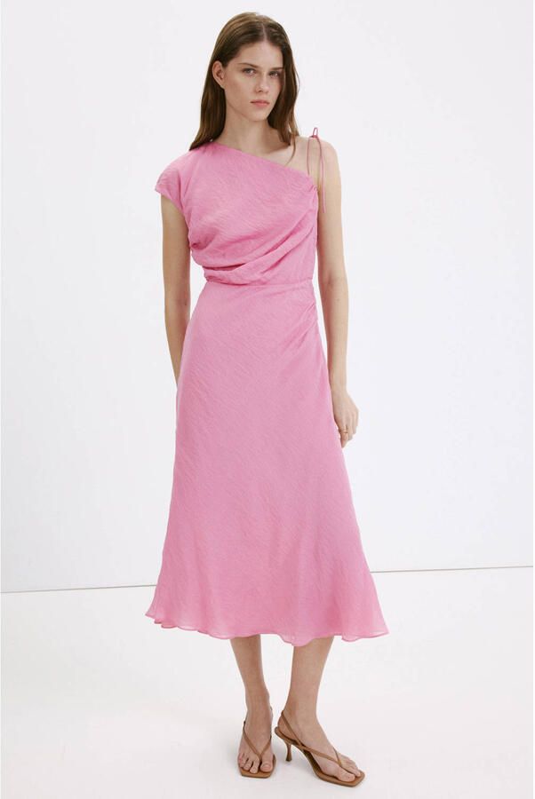 Mango one shoulder viscose midi jurk lichtroze - Foto 3