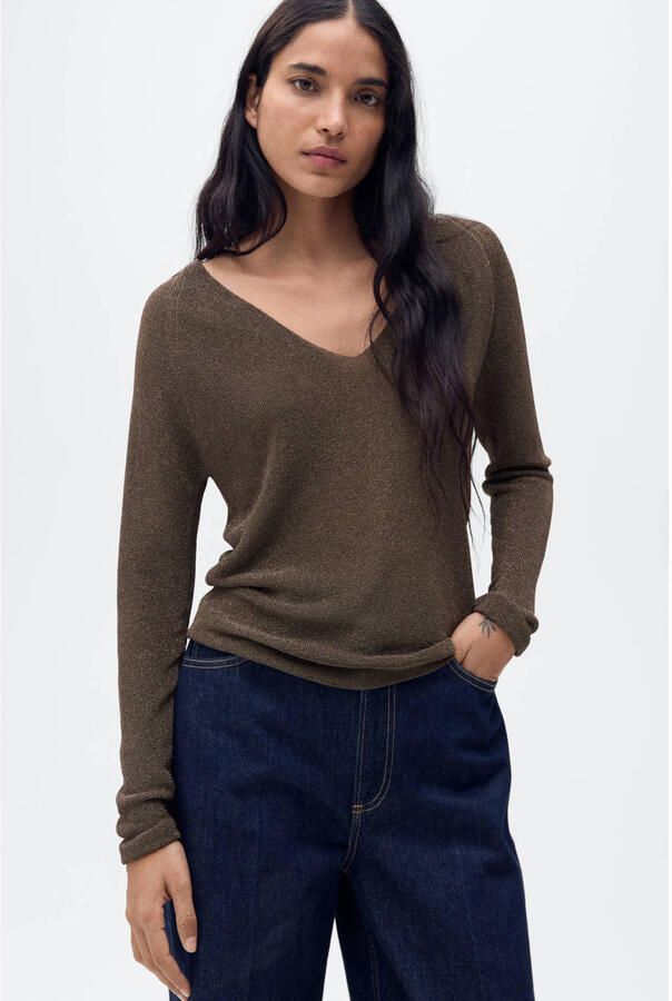 Mango pullover donkerbruin met glitter