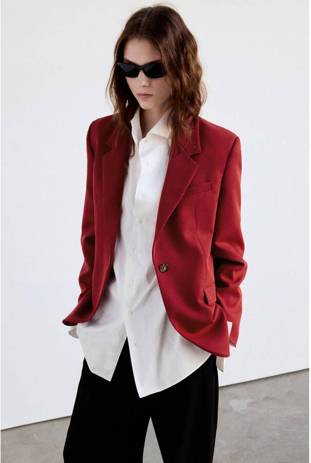 Mango regular blazer met ceintuur en wol rood