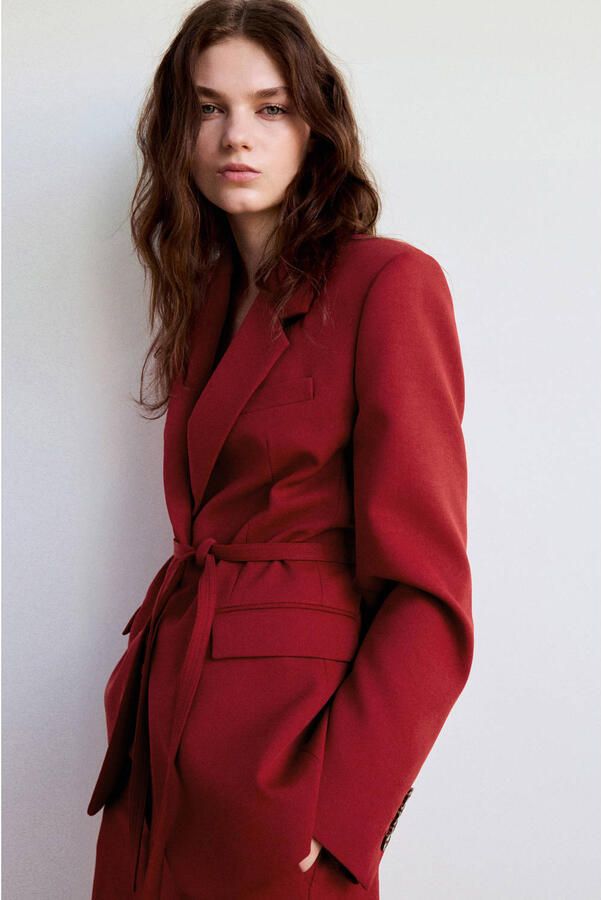 Mango regular blazer met ceintuur en wol rood - Foto 3