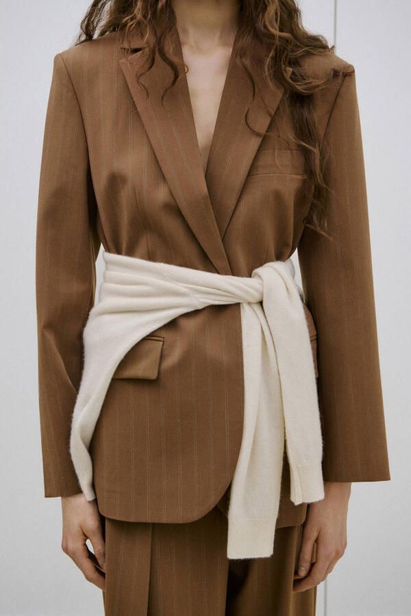 Mango regular blazer met krijtstreep bruin met glitter - Foto 3