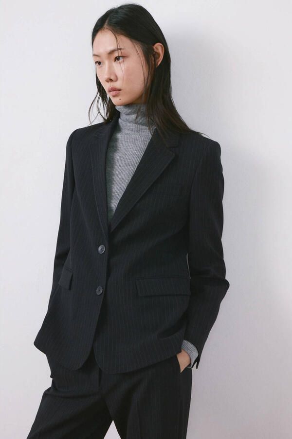 Mango regular blazer met krijtstreep donkerblauw