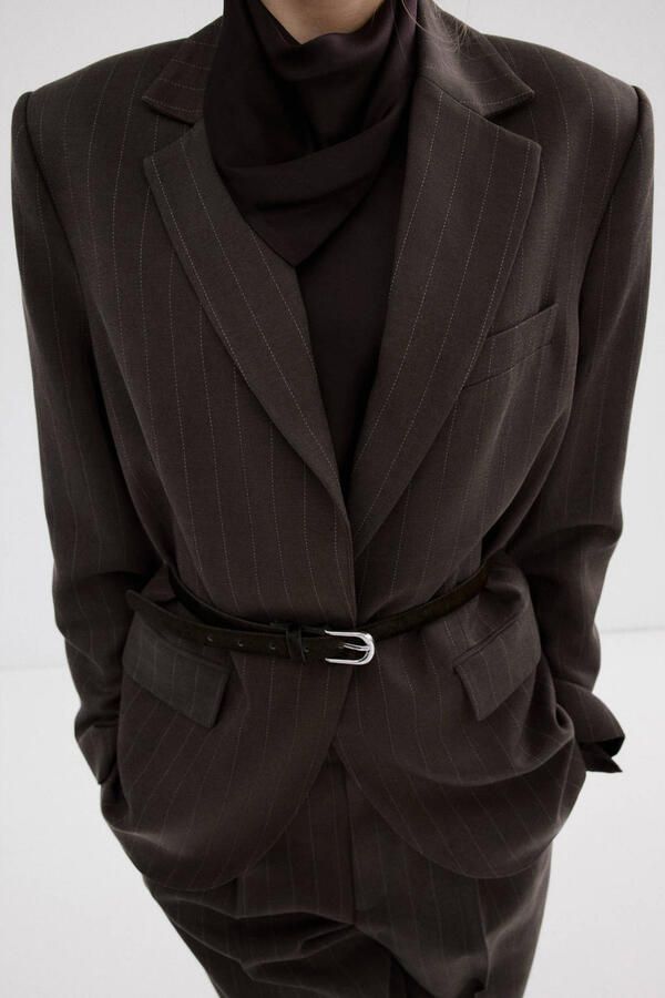 Mango regular blazer met krijtstreep donkerbruin