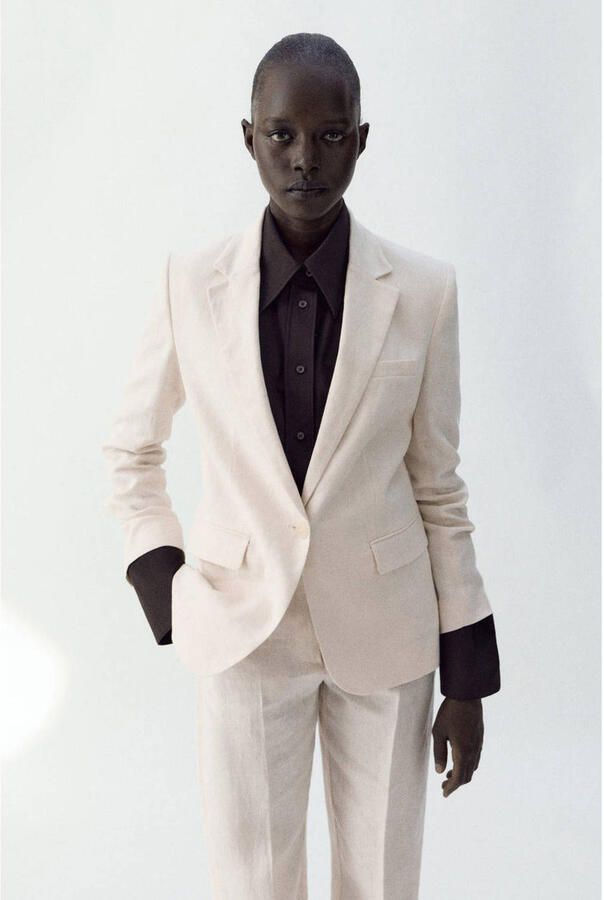 Mango regular blazer met linnen beige