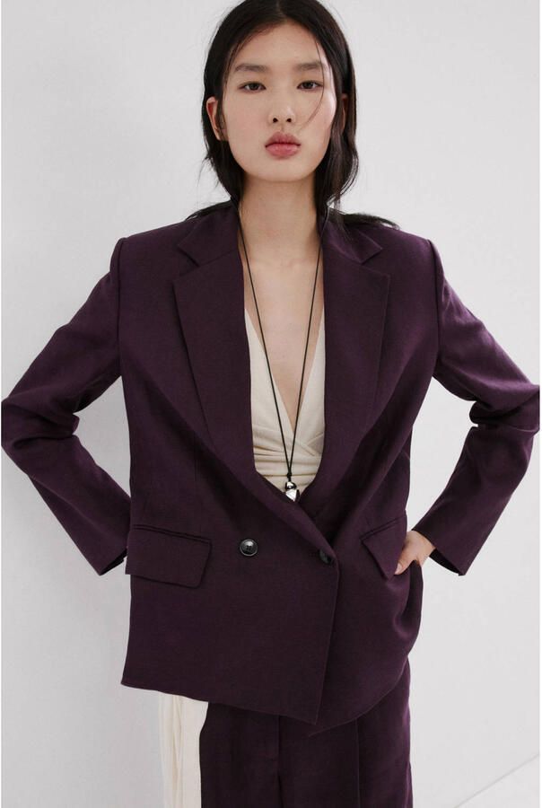 Mango regular blazer met linnen donkerpaars