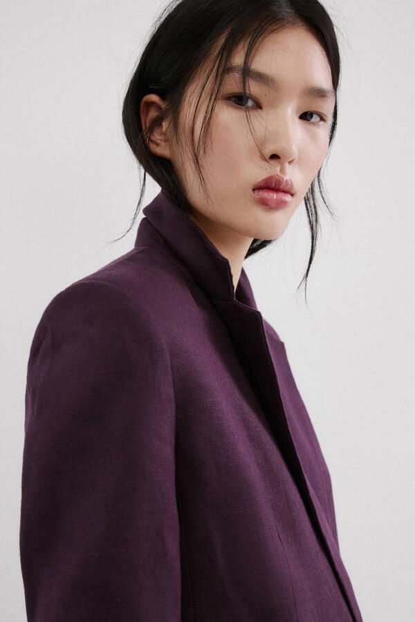Mango regular blazer met linnen donkerpaars - Foto 3