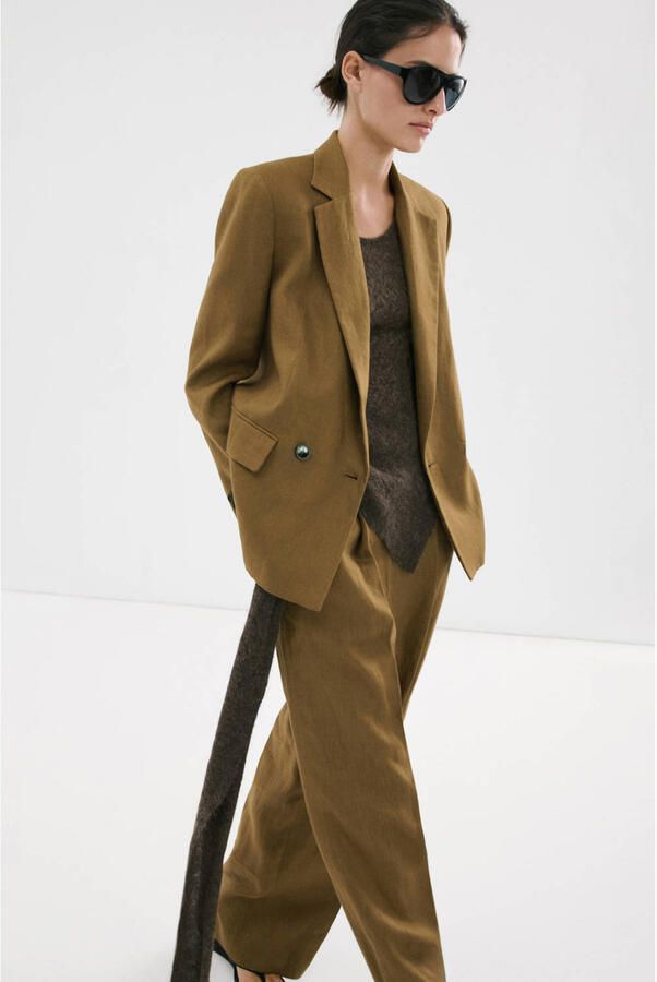 Mango regular blazer met linnen olijfgroen