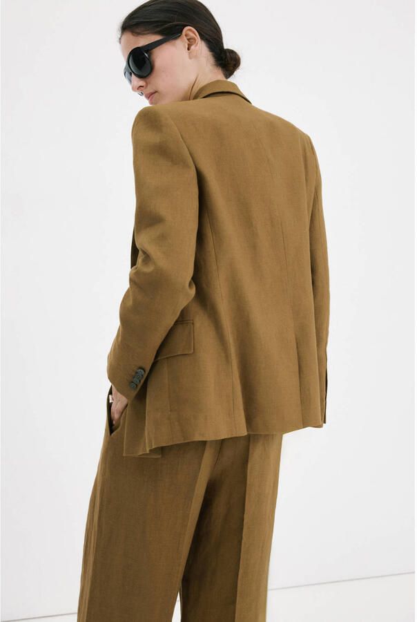 Mango regular blazer met linnen olijfgroen - Foto 3