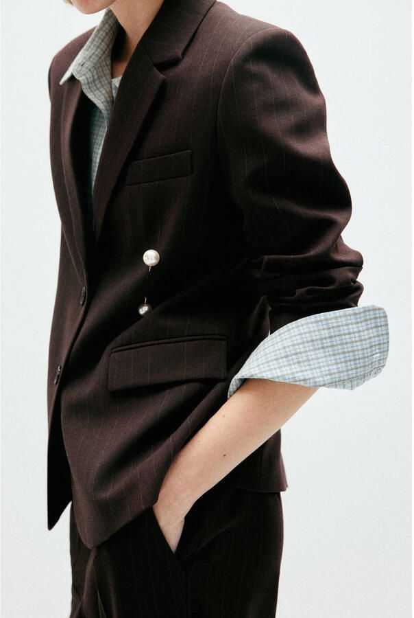 Mango regular fit blazer met krijtstreep bruin - Foto 3