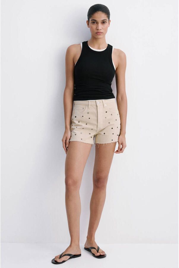 Mango regular fit denim short met studs beige