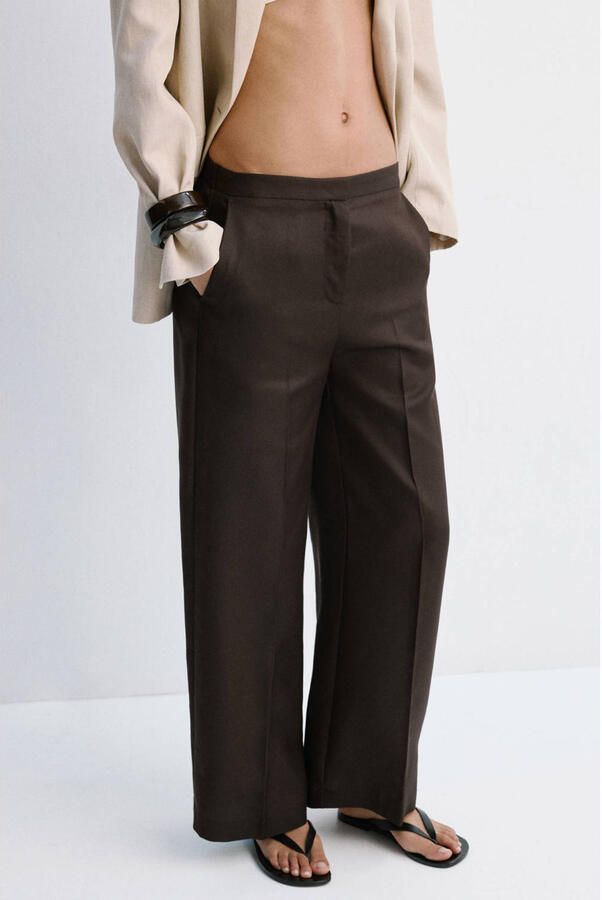 Mango regular waist wide leg broek donkerbruin