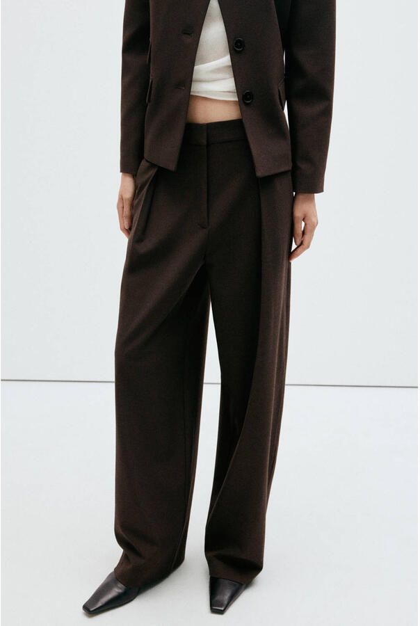 Mango regular waist wide leg pied-de-poule broek met plooien bruin