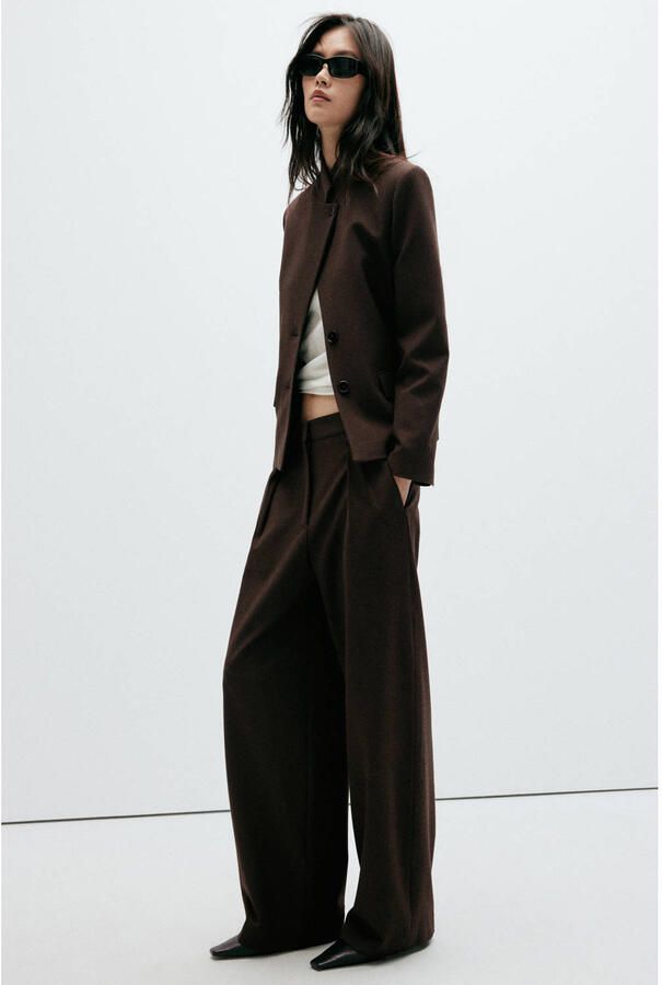 Mango regular waist wide leg pied-de-poule broek met plooien bruin - Foto 2