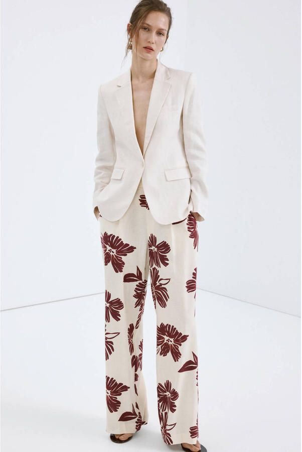 Mango regular waist gebloemde broek beige - Foto 3