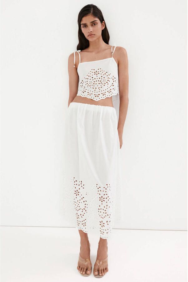 Mango satijnen broderie midi rok ecru