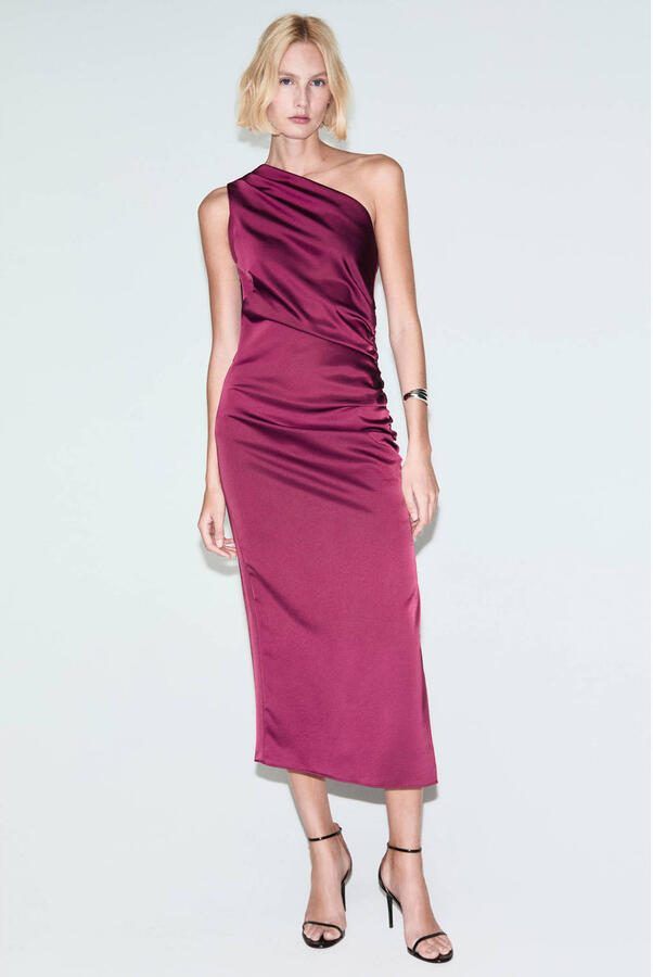 Mango satijnen one shoulder jurk fuchsia
