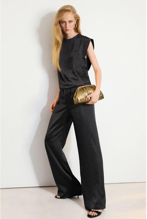Mango satijnen straight leg broek zwart - Foto 3