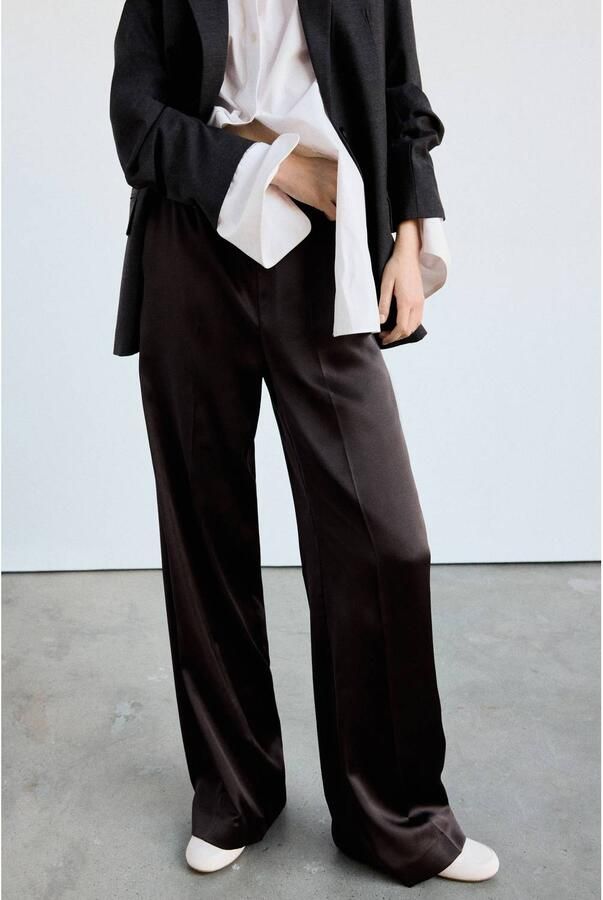 Mango satijnen wide leg broek donkerbruin