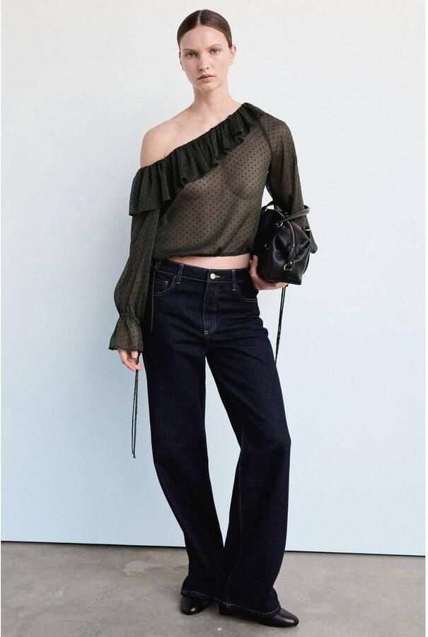 Mango semi-transparante blouse met ruches en stippen donkergroen