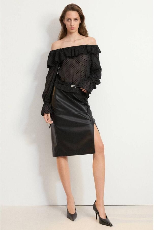 Mango semi-transparante blouse met ruches en stippen zwart