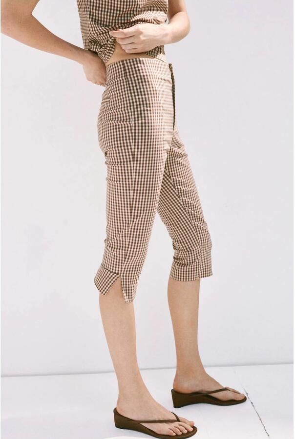 Mango slim fit geruite capribroek bruin - Foto 2
