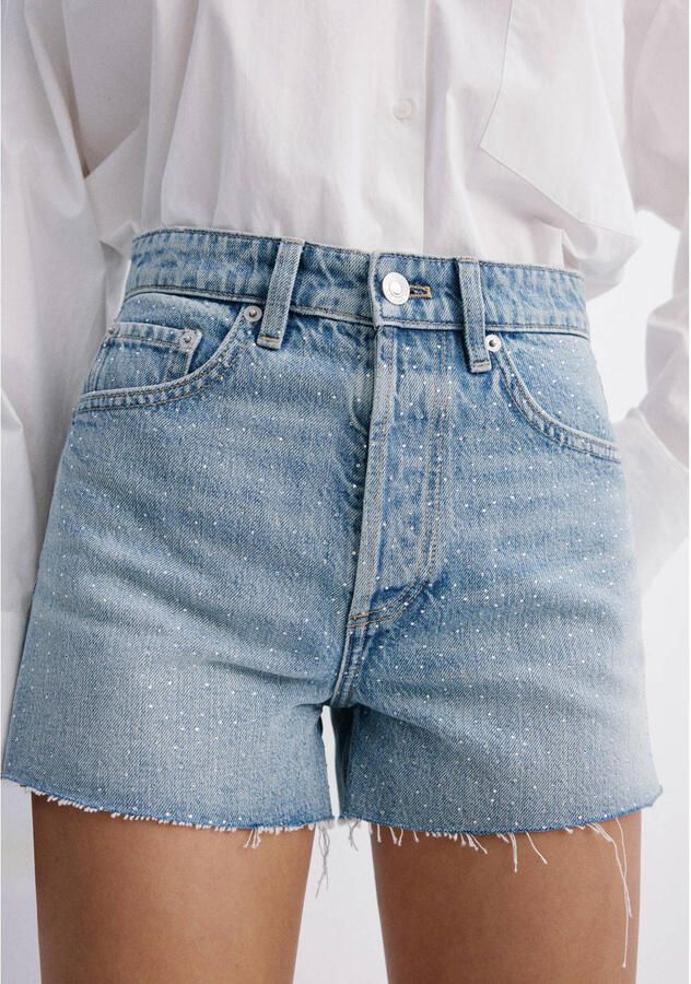Mango slim fit regular waist denim short met glitters lichtblauw