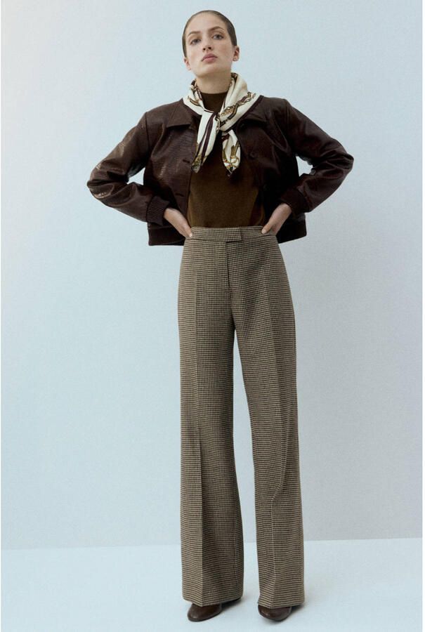 Mango straight high waist broek met pied de poule print bruin
