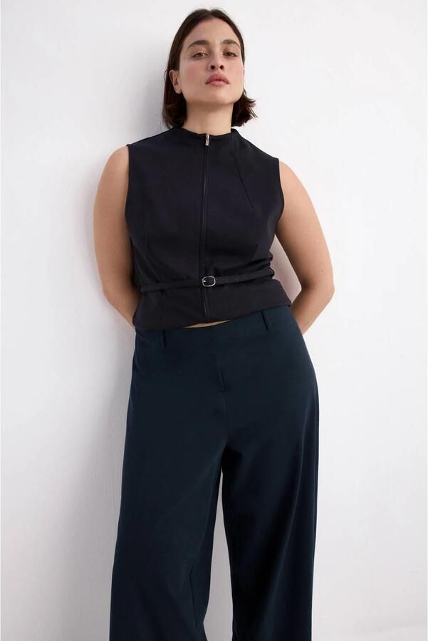 Mango straight high waist casual broek marineblauw - Foto 3