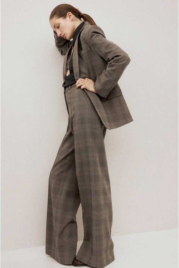 Mango straight high waist geruite broek grijsbruin