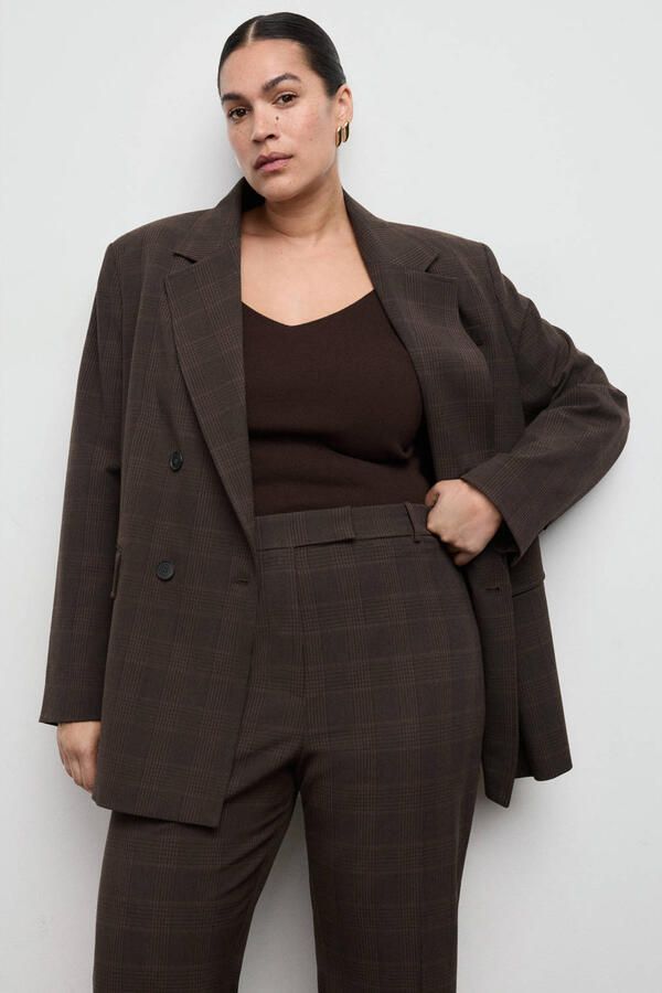 Mango straight high waist geruite pantalon bruin
