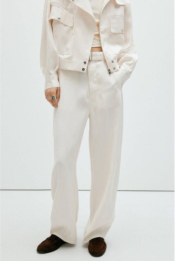 Mango straight leg broek met ceintuur ecru